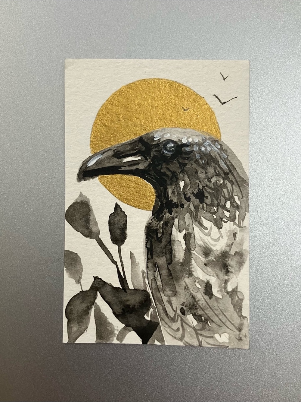 Original raven crow miniature realism painting sumi-e style art ink collectible